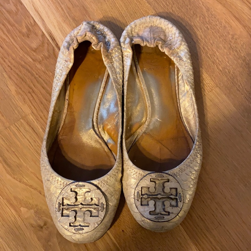 Tory Burch Reva Gold Snakeskin Flats